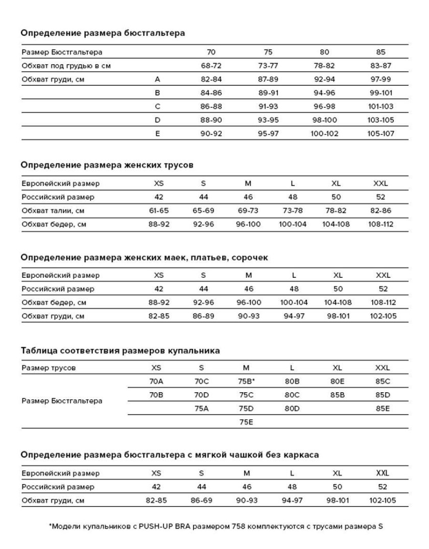 Infinity купальник Размерная сетка