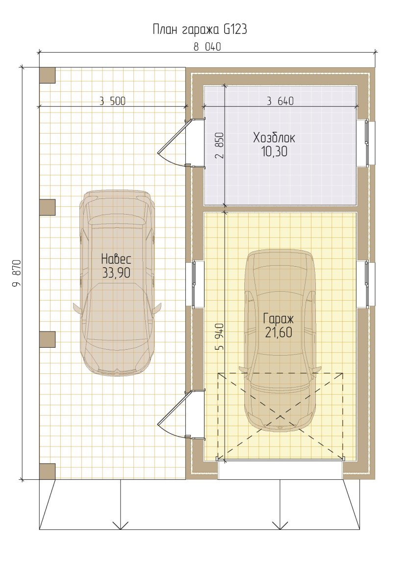 Проект гаража на 2 машины с навесом сбоку