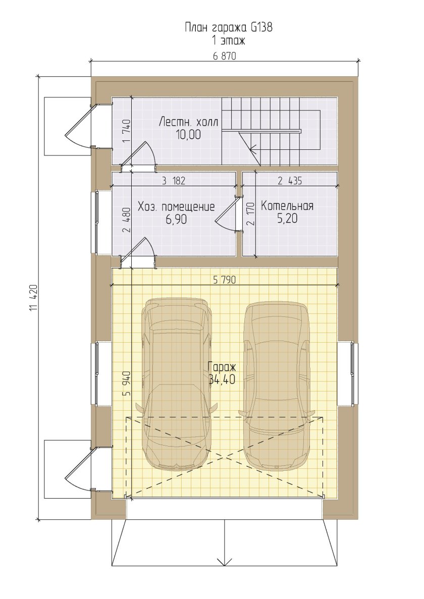 Проект гаража на 2 машины с хозблоком и мансардой