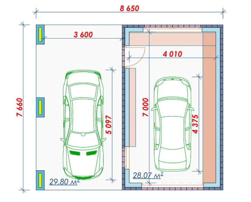 Гараж для двух машин размеры