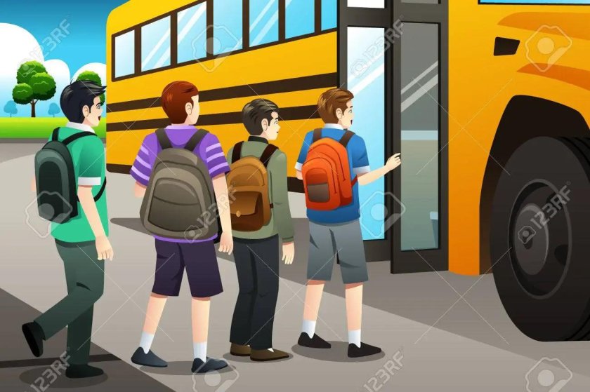 Дети садятся в автобус вектор