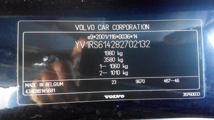 Volvo s60 табличка VIN