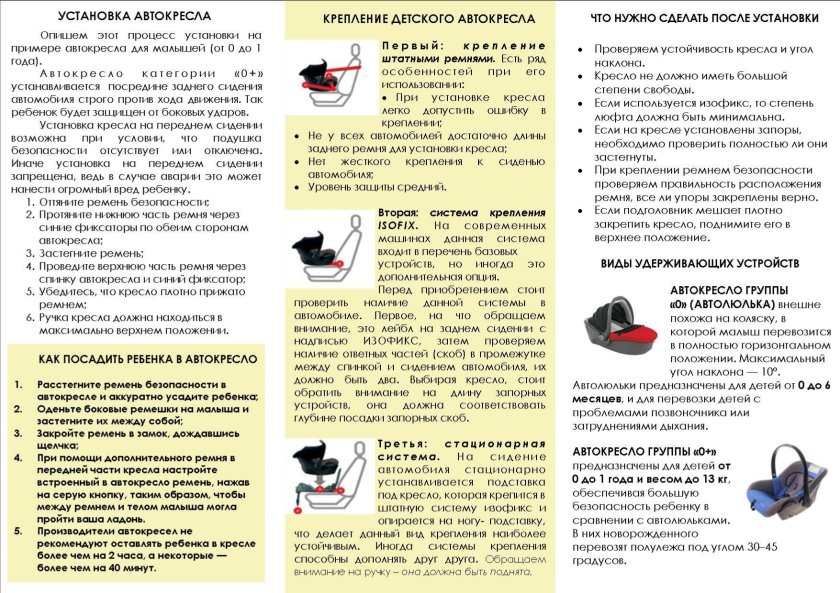 Памятки для родителей малышей детское автомобильное кресло