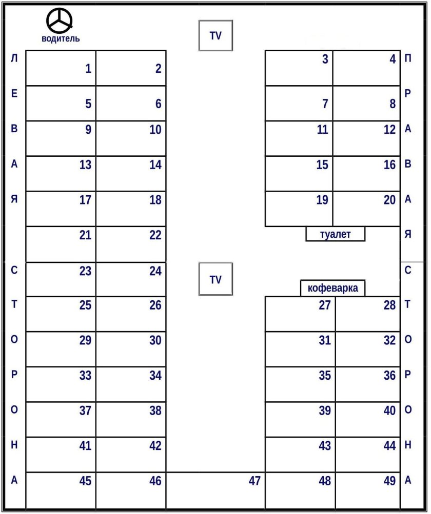 Схема расположения мест в автобусе сетра 49 мест
