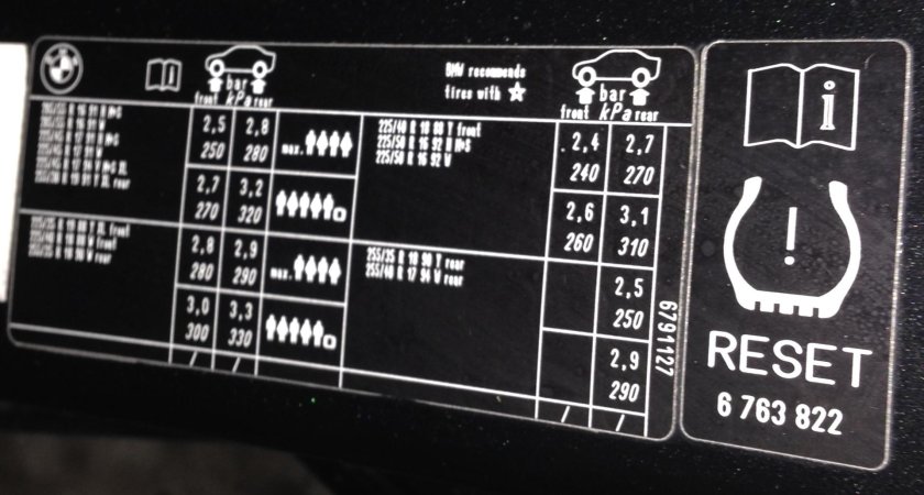 BMW f10 табличка давления шин