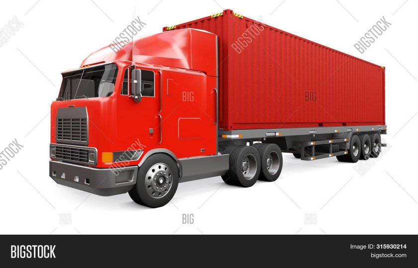 Грузовик красного цвета вид сбоку