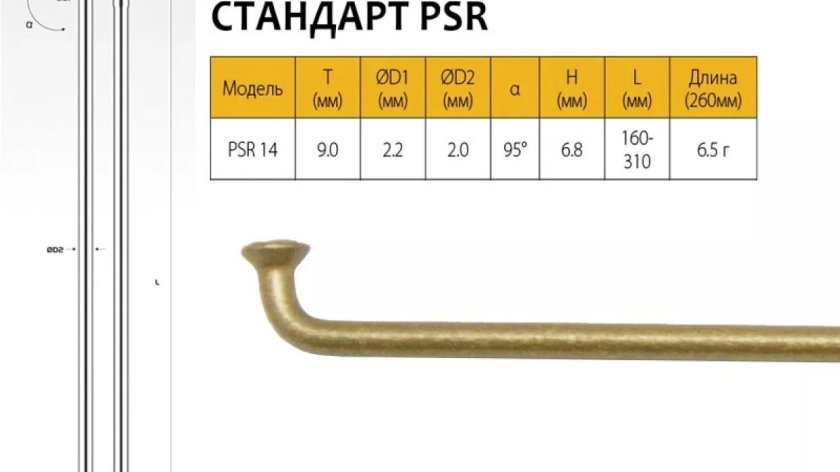 Велосипедные спицы Pillar PSR 14, 258 мм, золотистые