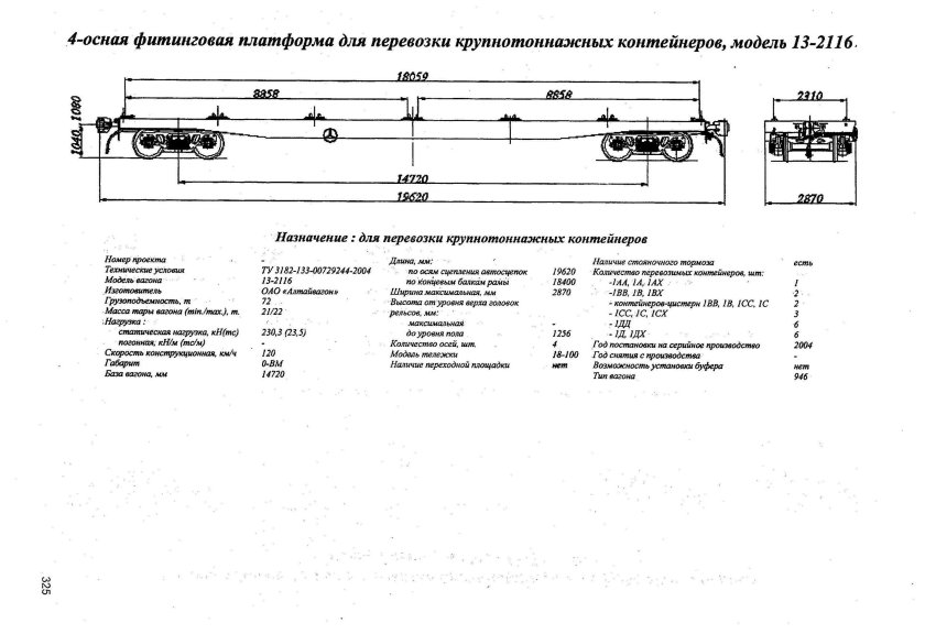 Вагон платформа для крупнотоннажных контейнеров модель 13-2118