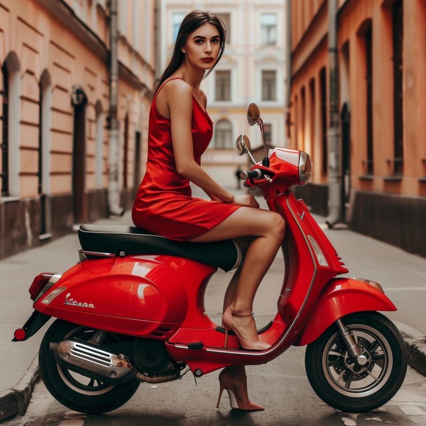 Девушка на красном мотороллере