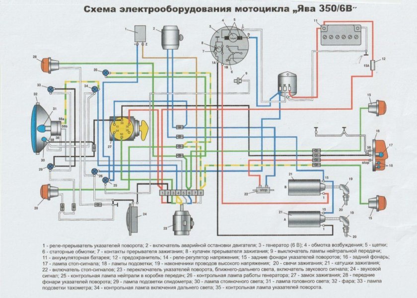 Схема электрооборудования Ява 634 6 вольт