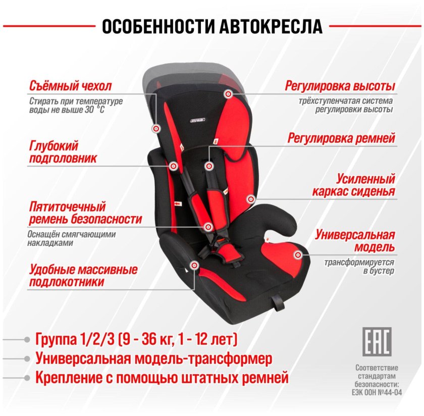 Автокресло детское 1/2/3гр SKYWAY Непоседа (9-36кг/ 1-10лет) серо/красное