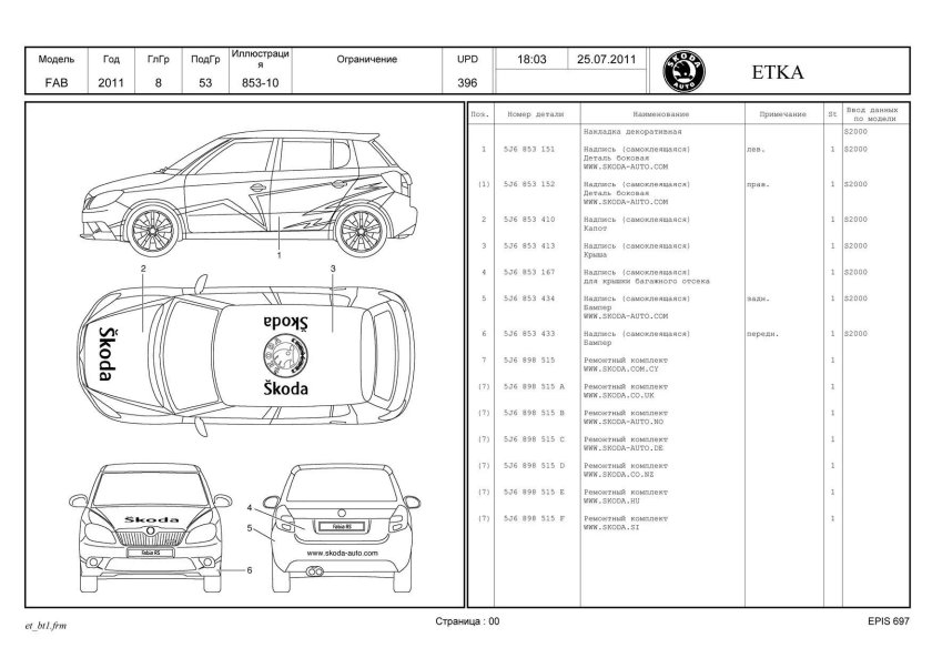 Габариты капота Шкода Фабия