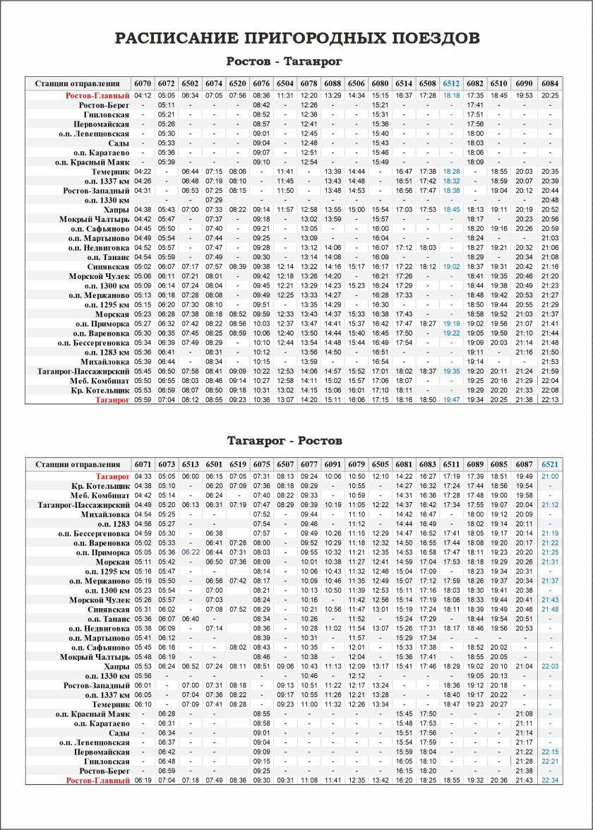 Расписание электричек Ростов-Таганрог
