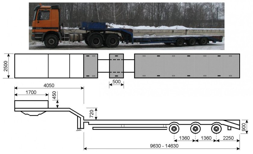 Низкорамный прицеп - трал габариты