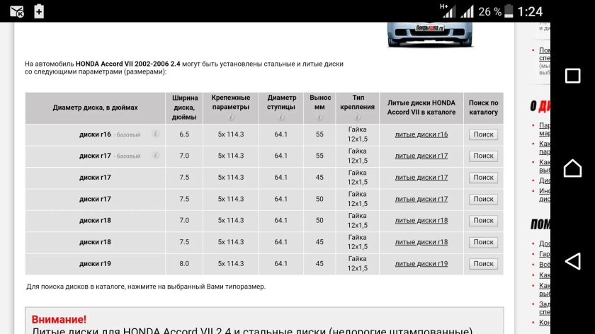 Хонда Аккорд 7 диски параметры