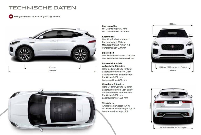 Ягуар e Pace габариты