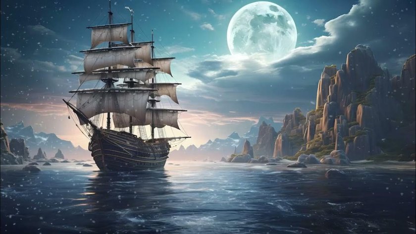 Корабль на фоне луны
