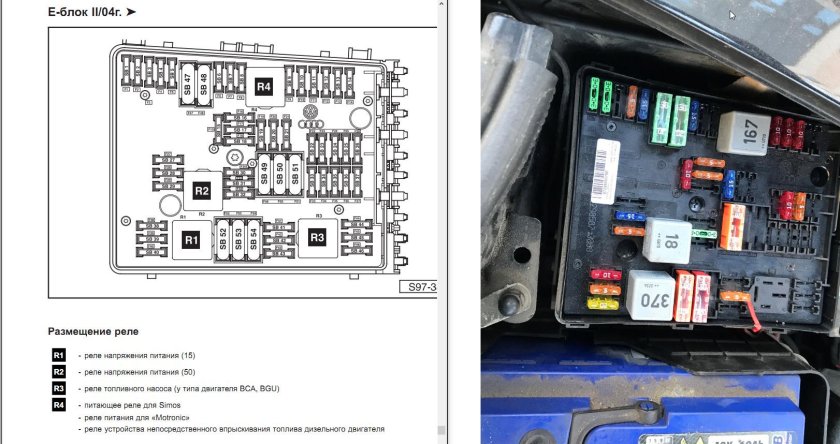 Реле и предохранители в моторном отсеке Шкода Октавия а5