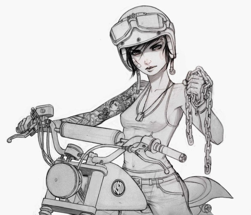 Девушка на мотоцикле нарисованная