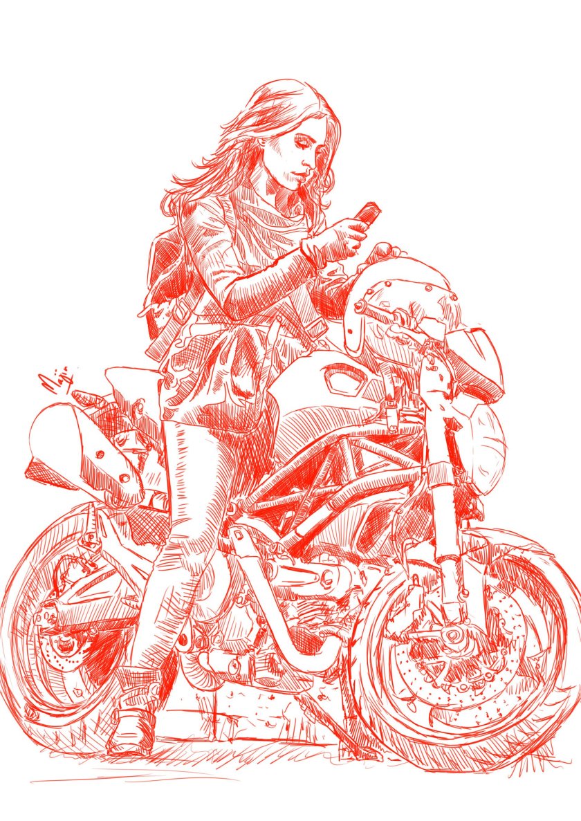 Девушка на мотоцикле нарисованная