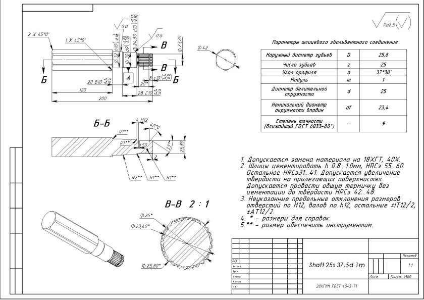 Вал шлицевой эвольвентный чертеж
