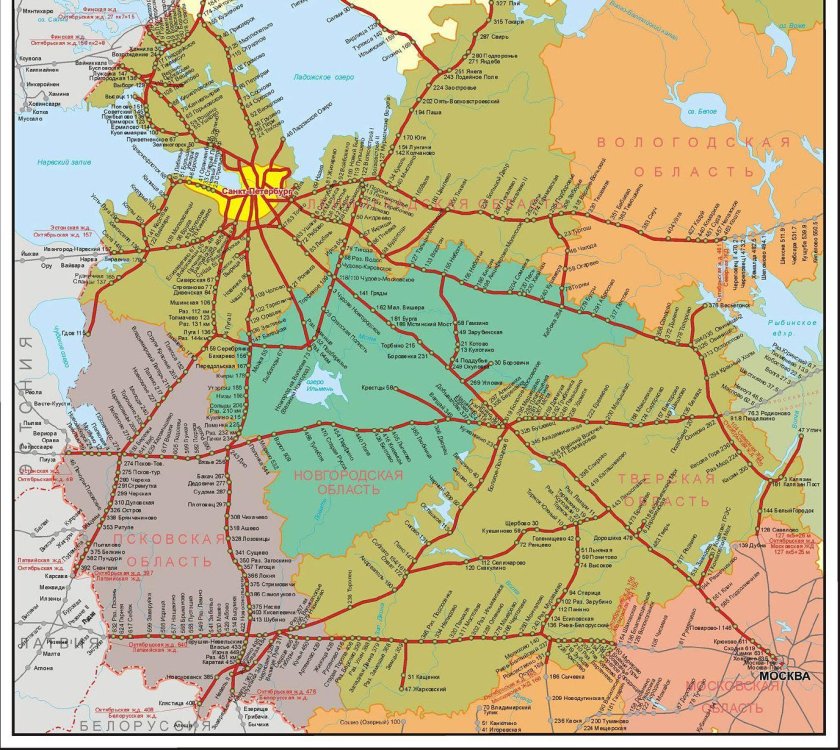 Карта Октябрьской железной дороги со станциями