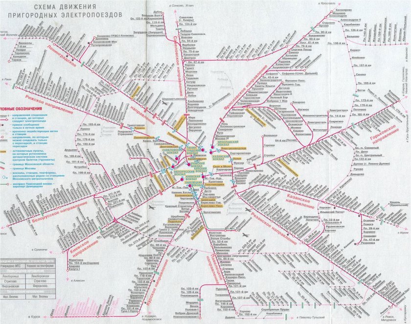 Схема электричек Москвы и Московской области на карте