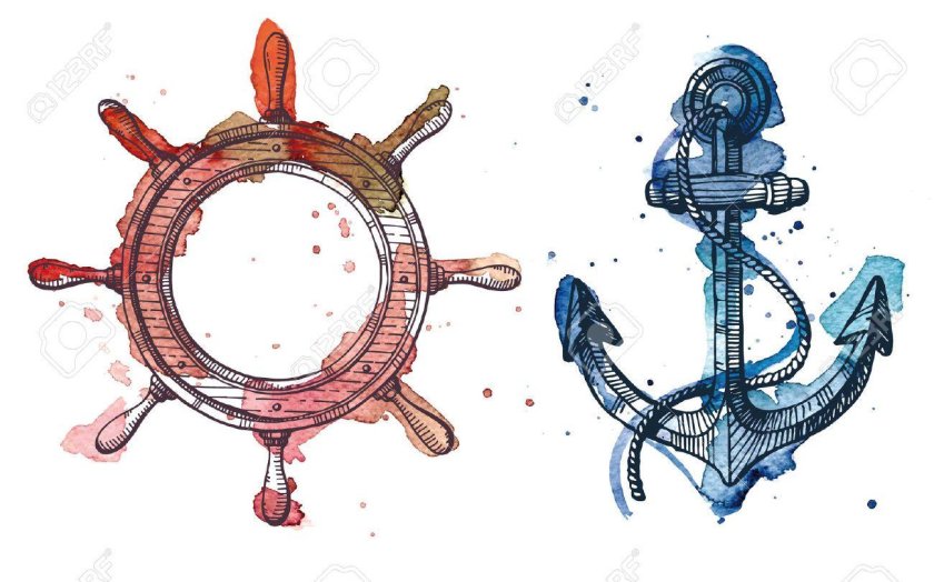 Штурвал корабля акварель