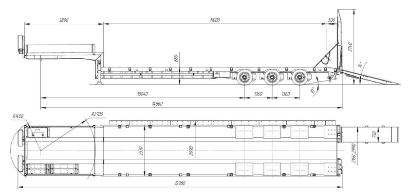 Низкорамный прицеп - трал габариты