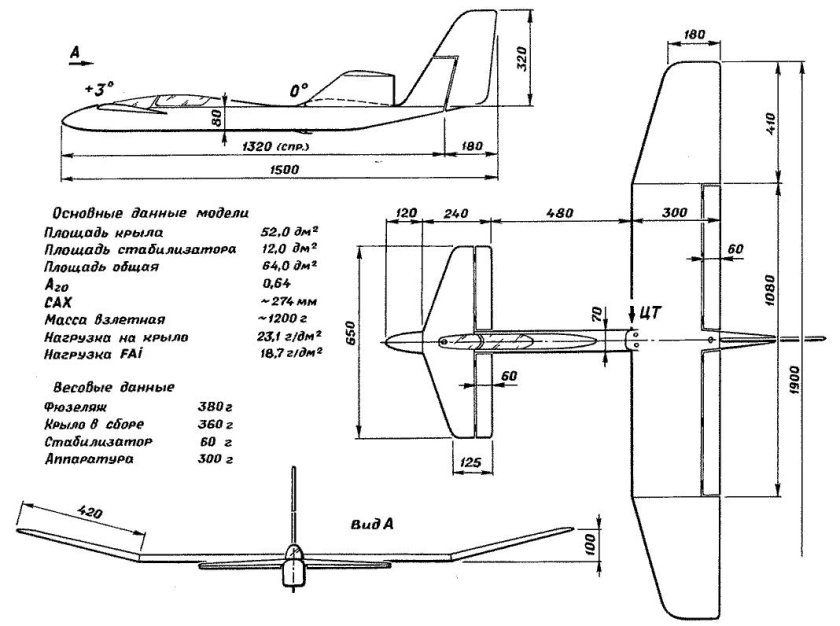 Чертеж модели радиоуправляемого самолета планера