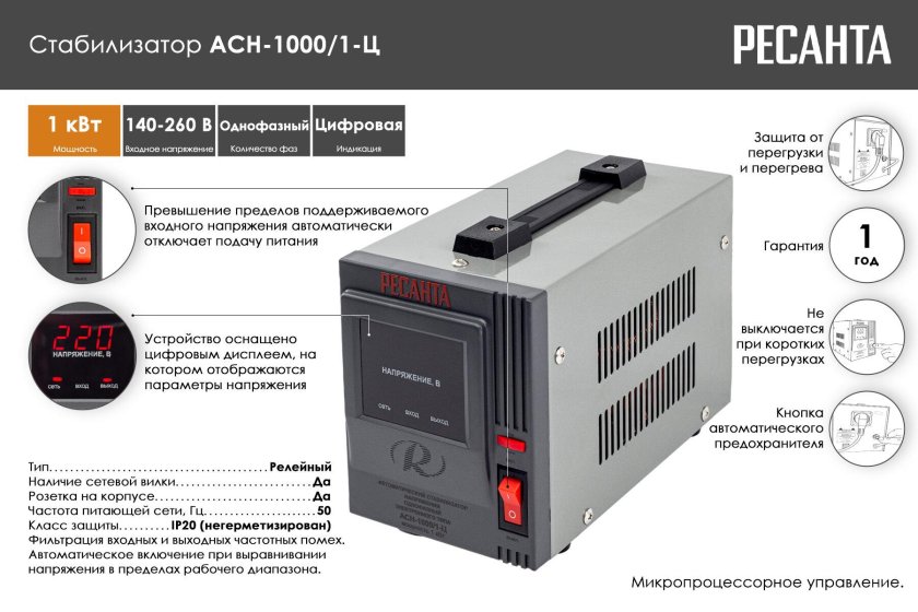 Стабилизатор напряжения однофазный Ресанта АСН 2000/1-Ц 63/6/4