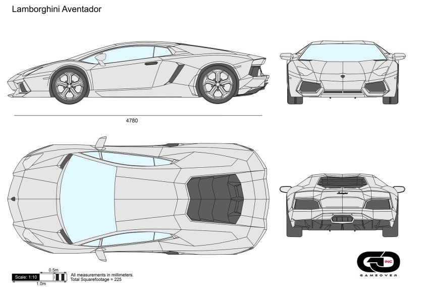 Lamborghini Aventador чертеж сбоку