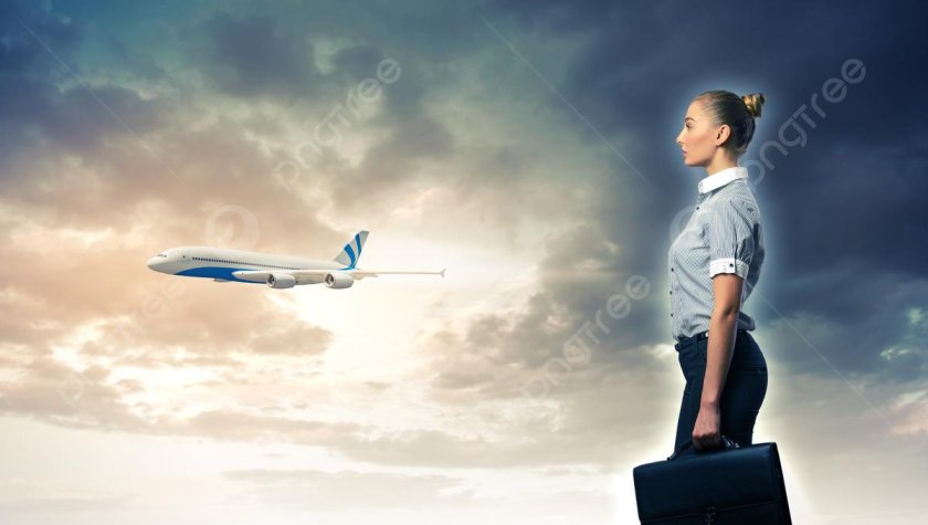 Человек с чемоданом в закате на фоне самолёта