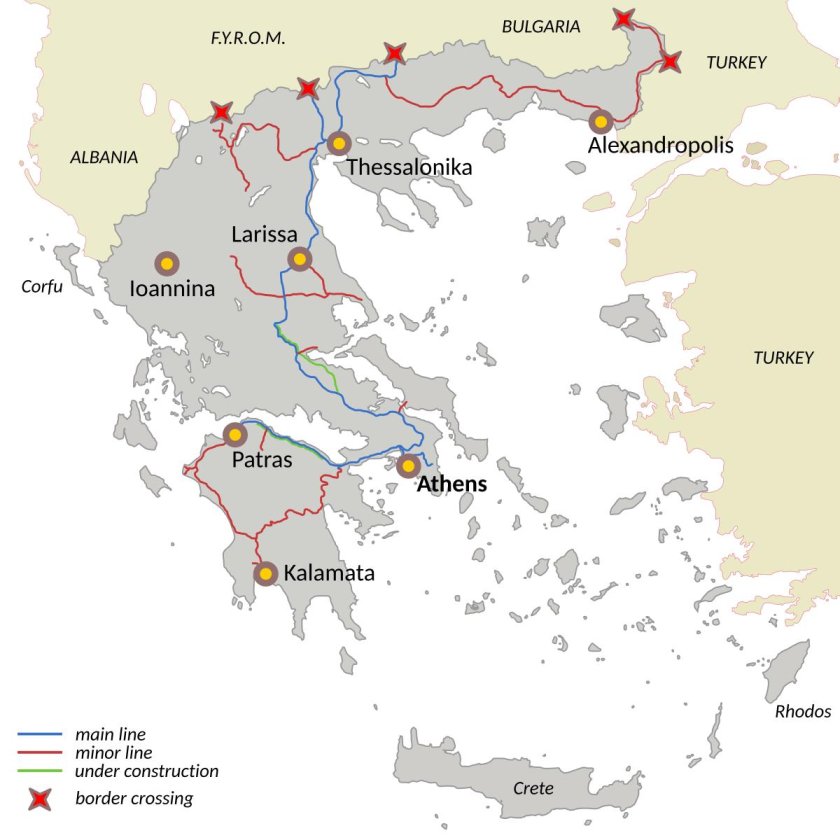 Карта железных дорог Греции