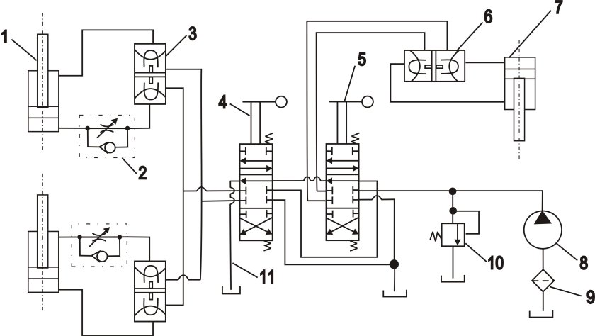 Схема подключения двух гидроцилиндров