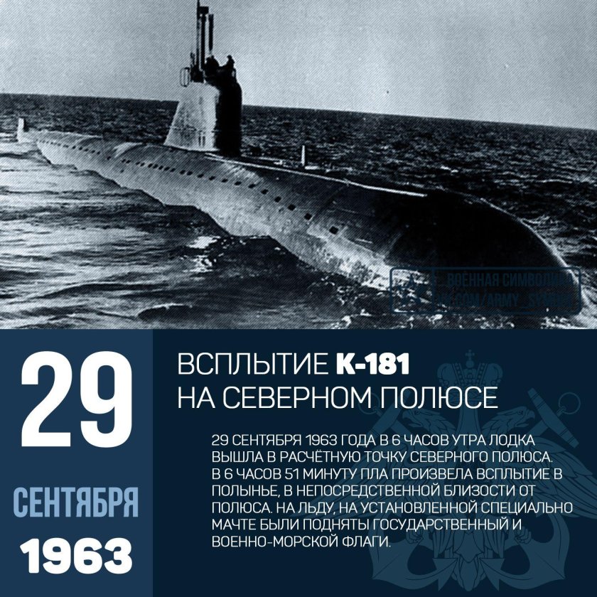 1963 - Советская атомная подводная лодка к-181 всплыла на Северном полюсе.