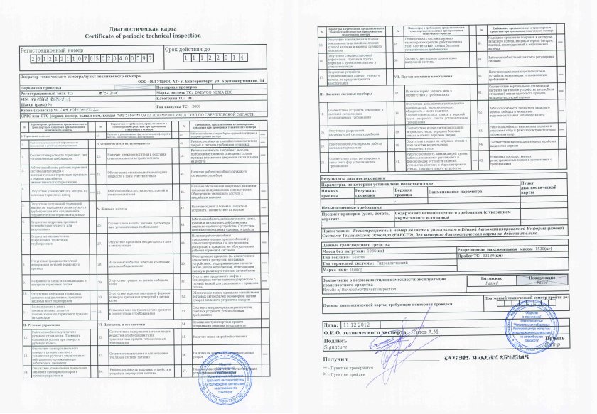 Диагностическая карта автомобиля ГАЗ - 3307