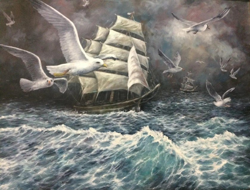 Чайки, корабль и море