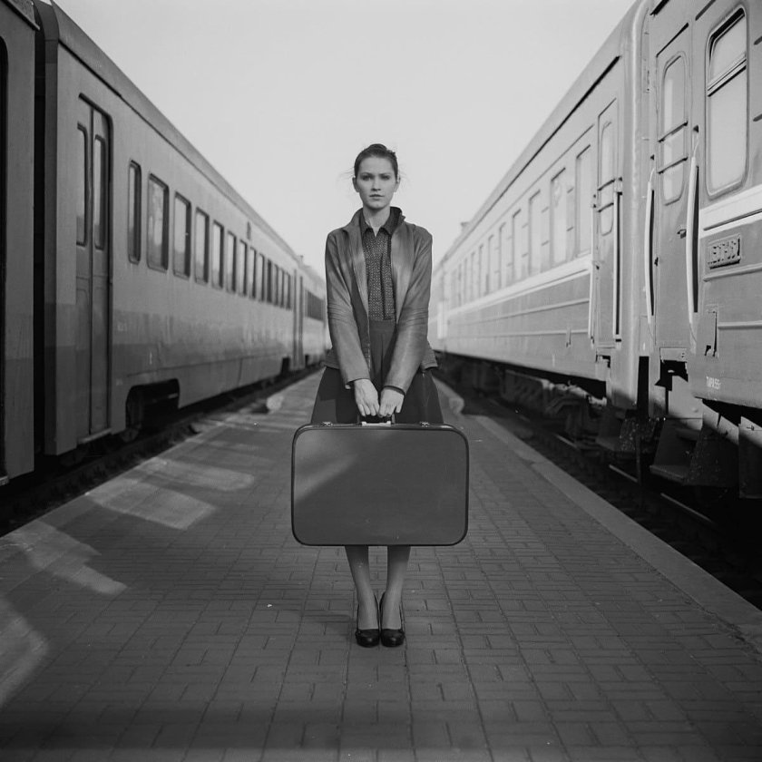 Девушка на вокзале с чемоданом