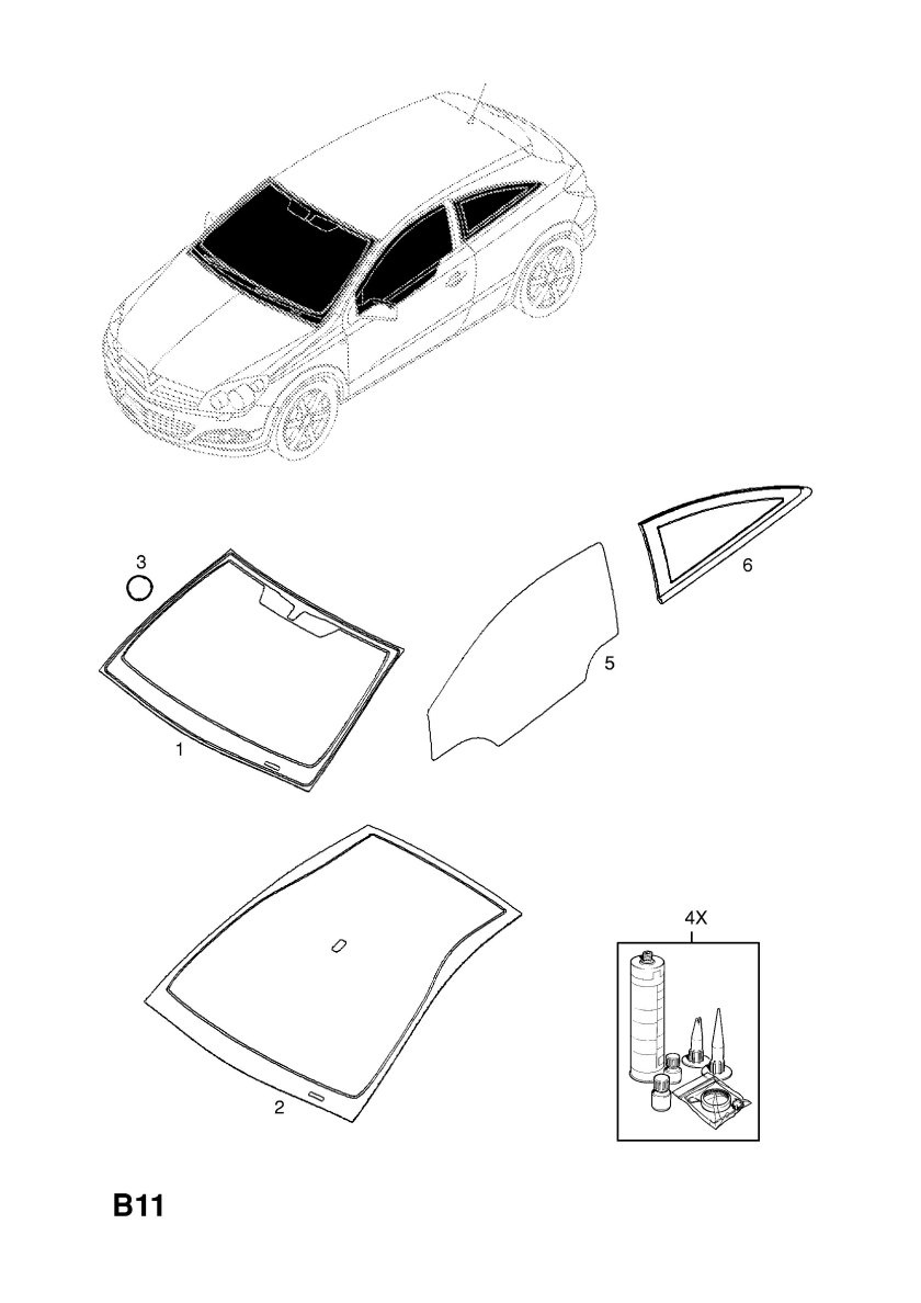 Размер боковых передних стекол Opel Astra h GTC