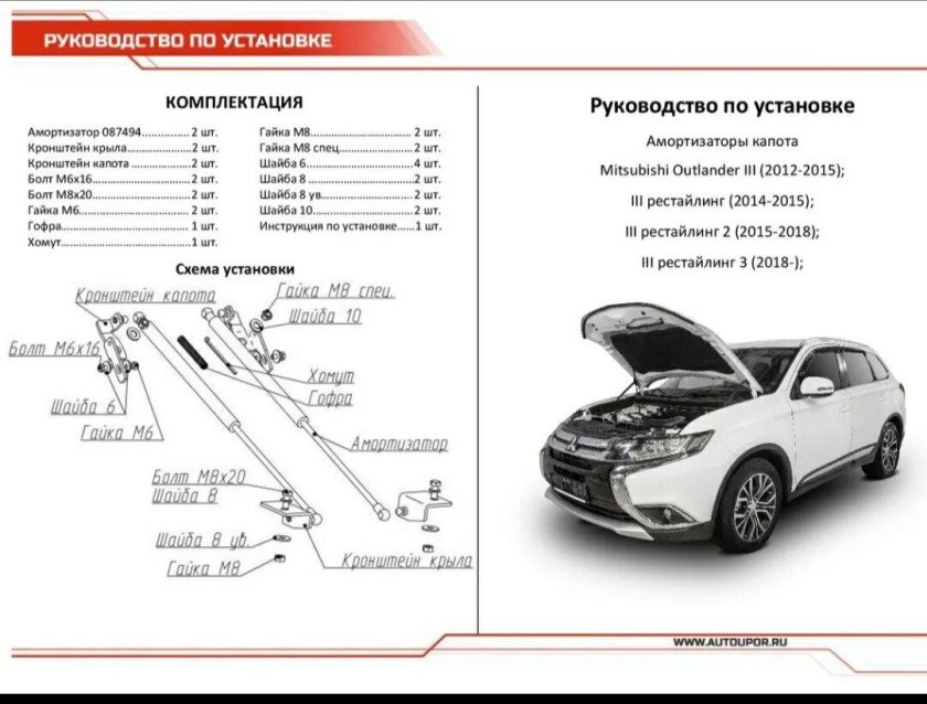 Упоры капота Митсубиси Аутлендер 3