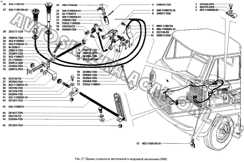 Привод управления дроссельной и воздушной заслонками УАЗ-452