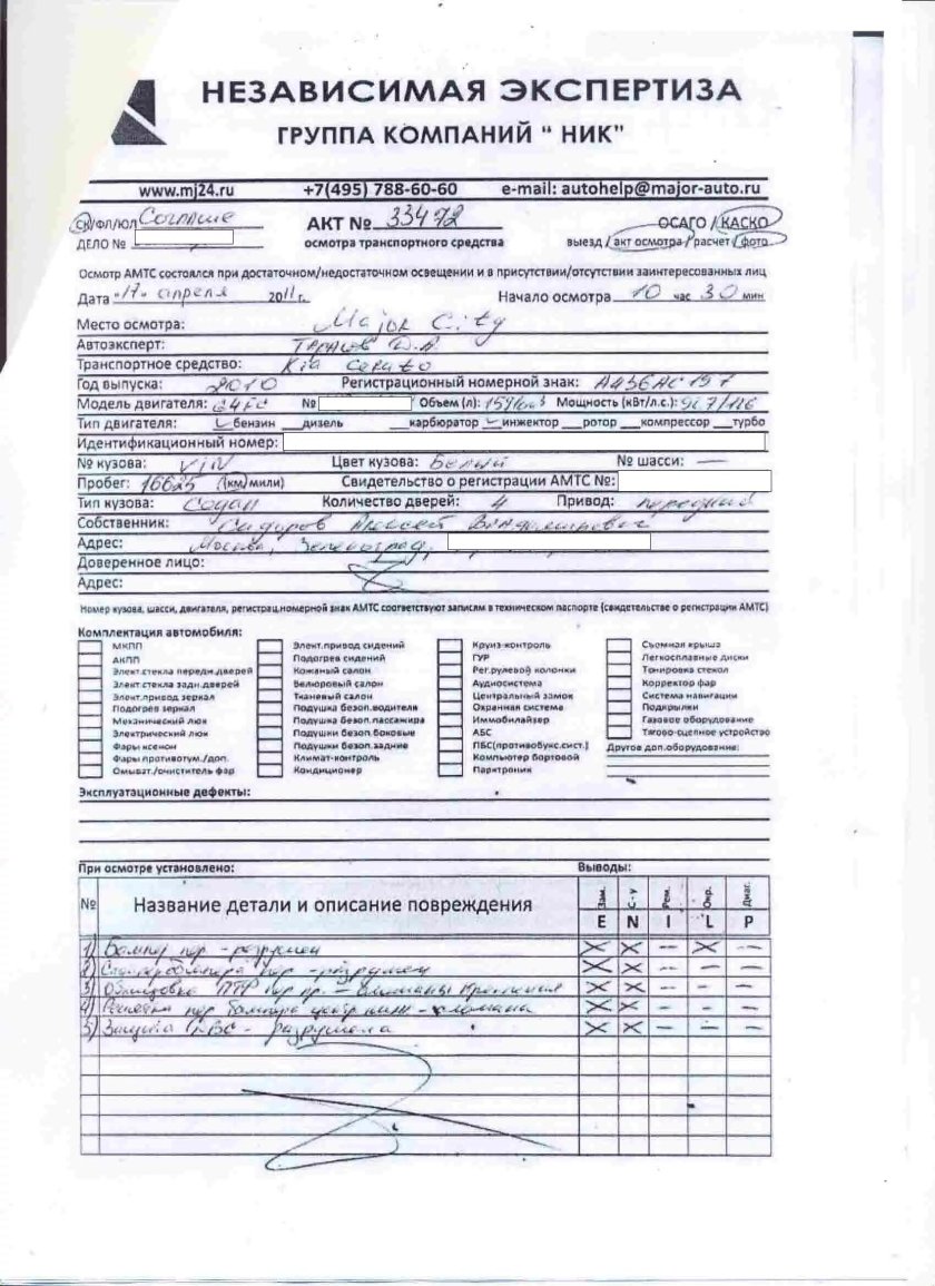 Независимая экспертиза автомобиля после ДТП образец
