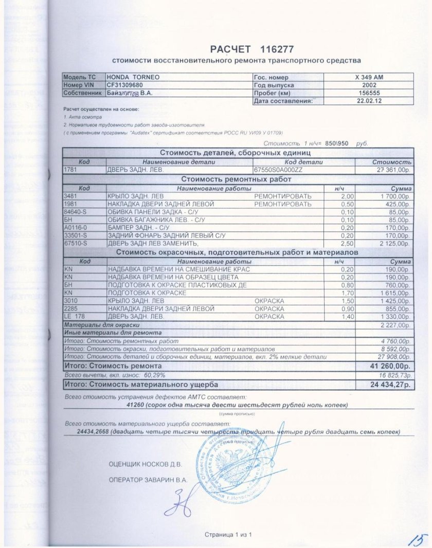 Калькуляция восстановительного ремонта