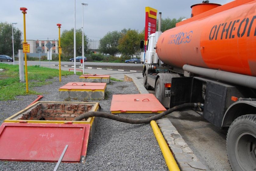 Слив бензина с автоцистерны на АЗС