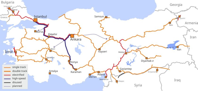 Железные дороги Турции на карте