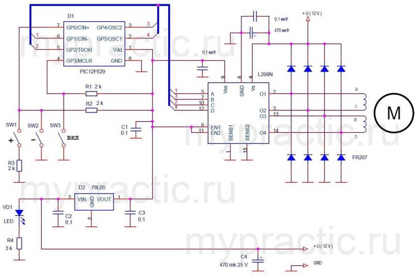 Контроллер шагового биполярного двигателя на pic12f629