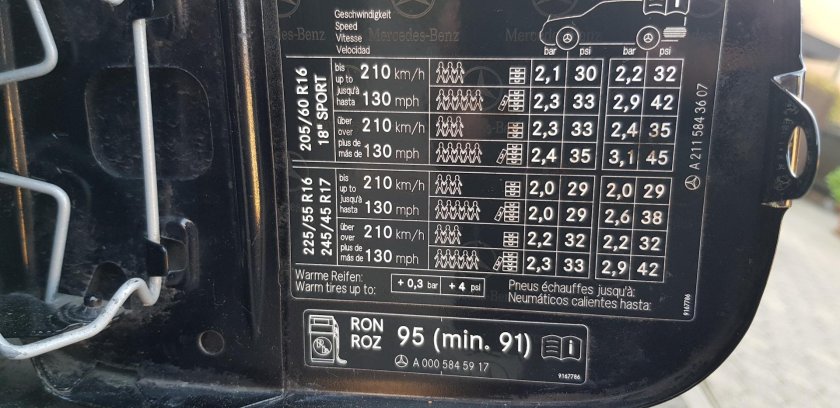 Табличка давления шин Mercedes w166