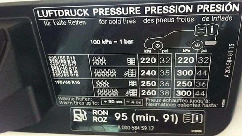 Табличка давления шин Mercedes gl w166