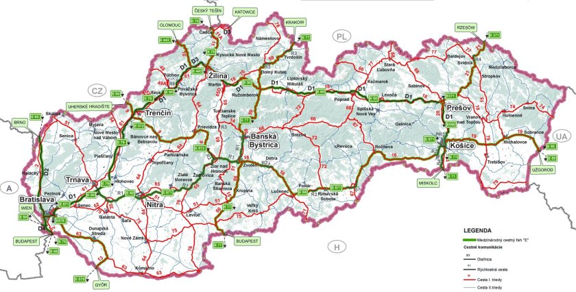 Карта Словакии с дорогами